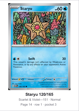 Actual app-generated Staryu 120/165 placeholder, marked for page 14, row 1, pocket 3.